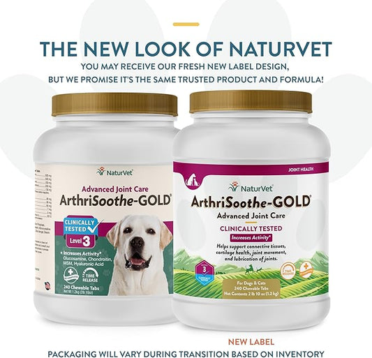 NaturVet Clinically Tested ArthriSoothe-Gold Level 3 Advanced Joint Care for Dogs and Cats, 240 ct Time Release, ChewableTablets, Made in USA NaturVet
