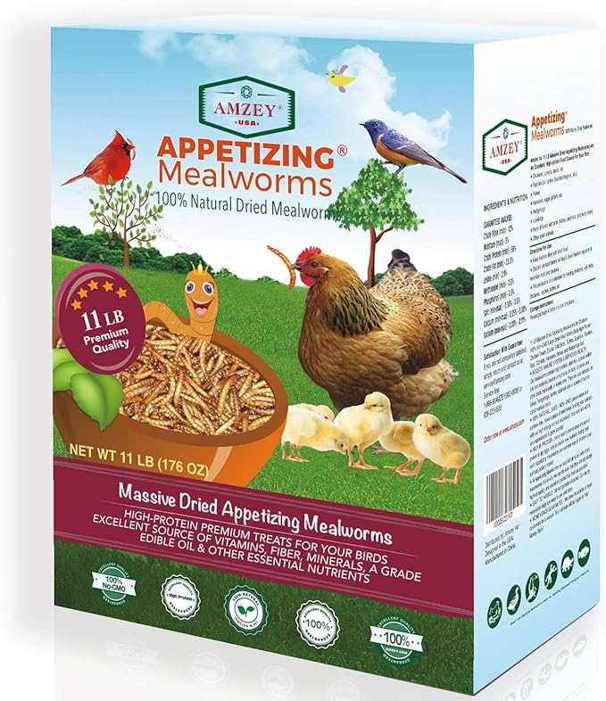 Amzey Dried Mealworms 11 LBS - 100% Natural for Chicken Feed, Bird Food, Fish Food, Turtle Food, Duck Food, Reptile Food, Non-GMO, No Preservatives, High Protein and Nutrition Amzey