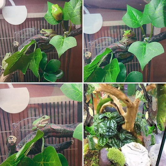 Fhiny 2 PCS Reptile Corner Branch, Resin Climb Tree Branch Decor with Leaves Tank Accessories Terrarium Plant Ornament with Suction Cup for Snake Lizard Bearded Dragons Gecko Climbing Fhiny