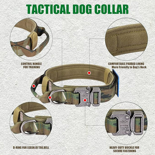 Tactical Dog Collar Military Dog Collar Adjustable Nylon Dog Collar Heavy Duty Metal Buckle with Handle for Dog Training,with Patches (Camo, M) Celifelight