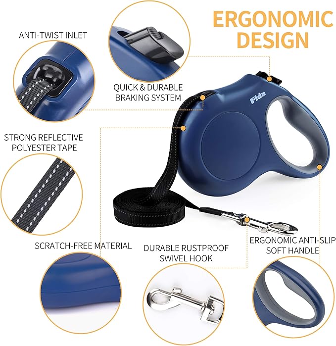 Fida Retractable Dog Leash, 16ft Heavy Duty Pet Walking Leash for Small/Medium Dog or Cat up to 44 lbs, Tangle Free. One-Hand Brake (Medium, Navy Blue) Fida