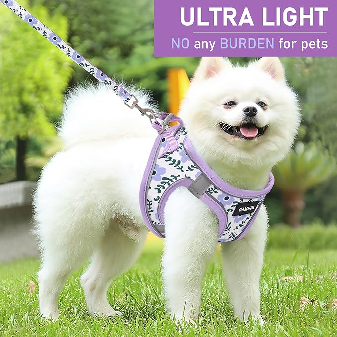 GAMUDA Small Dog Harness Collar and Leash Set, Step in No Chock No Pull Soft Mesh Adjustable Dog Vest Harnesses Plaid Reflective for Dogs Puppy Cats Kitten Rabbit (Purple Flower, L) GAMUDACollarsCollection