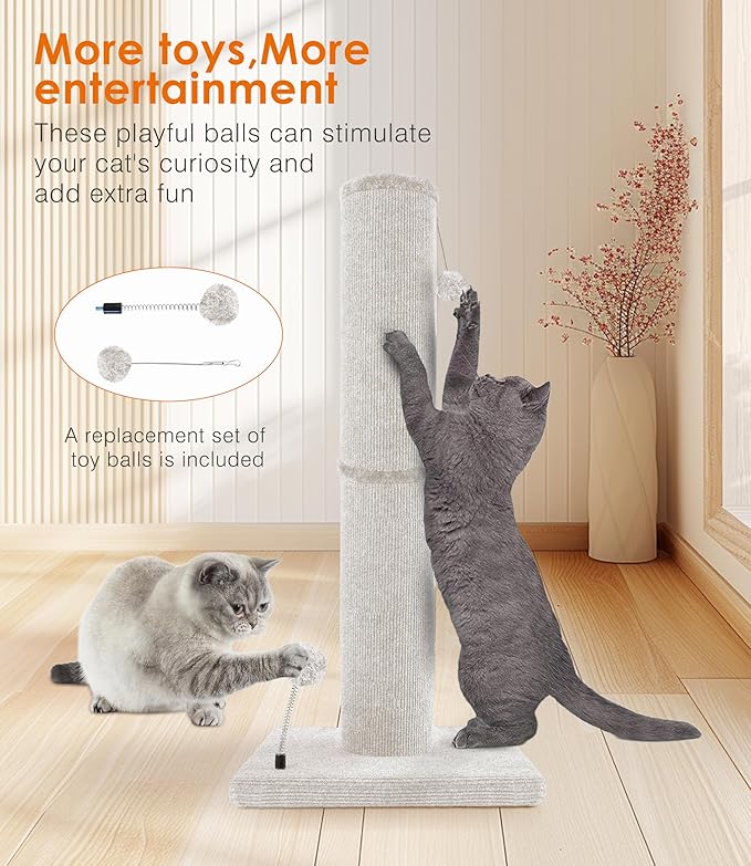 Carpet Craft Cat Scratching Post Heavy Duty for Indoor Large Cats and Adult Cats,Tall and Thicked Cat Scratch Post,Carpet Cat Tree Tower Scratcher with Interactivity Balls,Beige - PAWPICO