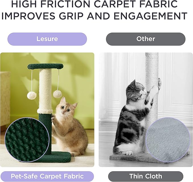Lesure 29" Tall Cat Scratching Post - Premium Sisal Rope Highly Resistant Carpet Scratching Posts for Indoor Cats Adults, Sturdy Large Cat Scratch Pole with Hanging Ball, Green - PAWPICO