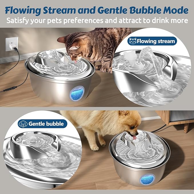 ORSDA Stainless Steel Cat Water Fountain, Automatic Pet Drinking Fountain, 100oz/3L Dog Water Dispenser with LED Water Level Window- 9Pcs Filters( D66 - PAWPICO