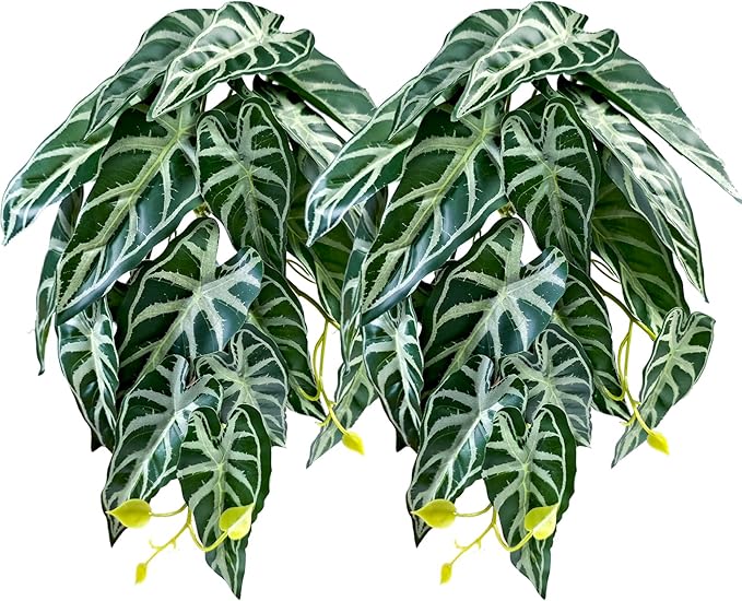 Woyrise 2 Pack Reptile Plants, Terrarium Hanging Plant Vines, Artificial Leaves with Suction Cup, Bearded Dragon Tank Accessories for Gecko Lizard Snake Frog Tortoise Decorations - Alocasia Velvet Woyrise
