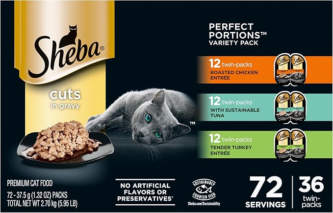 Sheba Perfect Portions Wet Cat Food Cuts in Gravy Variety Pack, Roasted Chicken Entree, with Sustainable Tuna, and Tender Turkey Entree, 2.6 oz. Twin-Pack Trays (36 Count, 72 Servings) - PAWPICO