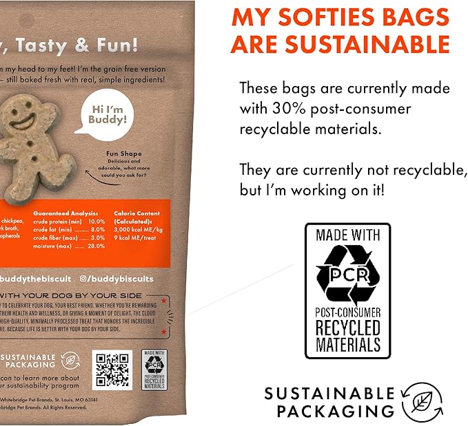 Buddy Biscuit Softies 5 oz Pouch, Grain-Free Soft & Chewy, Natural Peanut Butter Flavor Dog Treats, Oven Baked in the USA - PAWPICO