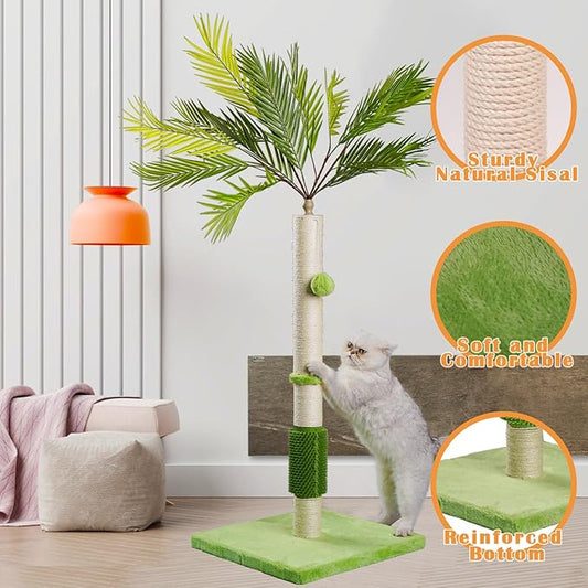 MeowHomm Cat Scratching Post, Cat Palm Tree for Indoor Cats with Natural Sisal Scratch Pole Hanging Sisal Ropes and Balls, Cute 40" Tall Cat Scratcher for Large Cat and Kittens - PAWPICO