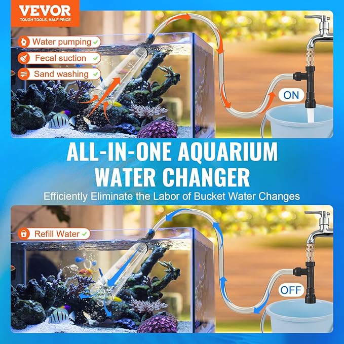 VEVOR Aquarium Vacuum Gravel Cleaner, 33 ft PVC Hose Fish Tank Vacuum Gravel Cleaner, Siphon Fish Tank Cleaner Vacuum, 3 Types of Brass Adapters, for Fish Tank Cleaning Gravel & Sand VEVOR