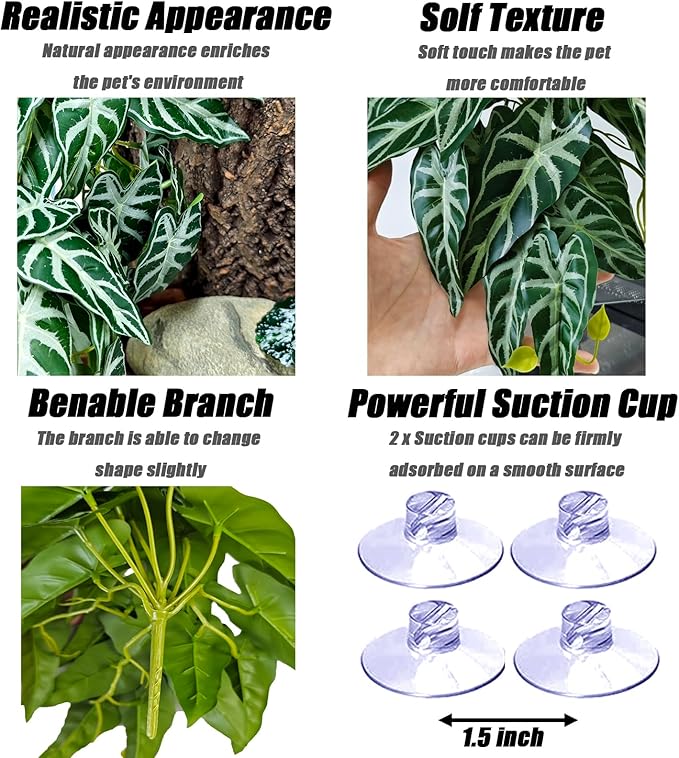 Woyrise 2 Pack Reptile Plants, Terrarium Hanging Plant Vines, Artificial Leaves with Suction Cup, Bearded Dragon Tank Accessories for Gecko Lizard Snake Frog Tortoise Decorations - Alocasia Velvet Woyrise