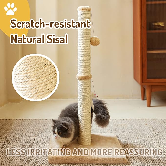 MeowHomm 32” Tall Cat Scratching Posts for Indoor Cats Adults with 2 Hanging Ball, Large Cat Scratch Post Cat Scratcher Includes Sisal Rope(Yellow) - PAWPICO