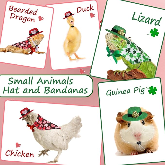 4 Pcs Bearded Dragon Valentine’s Day St. Patrick’s Day Costumes, Lizard Valentines St Patricks Hats Bandanas Outfits for Bearded Dragon Lizard Hamster Guinea Pig Small Animal JOTFA