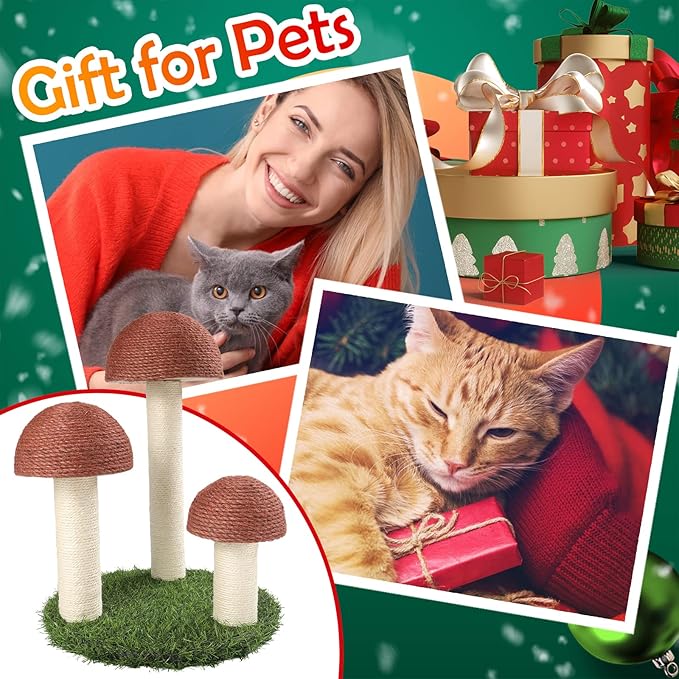 PowerKing Cat Scratching Post, Mushroom Claw Scratching Post for Cat, Natural Sisal Cat Scratchers with 3 Mushroom Pole, Cat Interactive Toys - PAWPICO