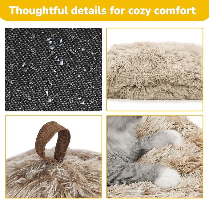 CATISM Cat Bed, Cat Cave for Indoor Cats, Soft Cat Dome, Self-Warming 2 in 1 Foldable Pet Cat House with Washable Cushioned Pillow Calming Fluffy Dog Beds for Small Dogs with Anti-Slip Bottom Brown - PAWPICO