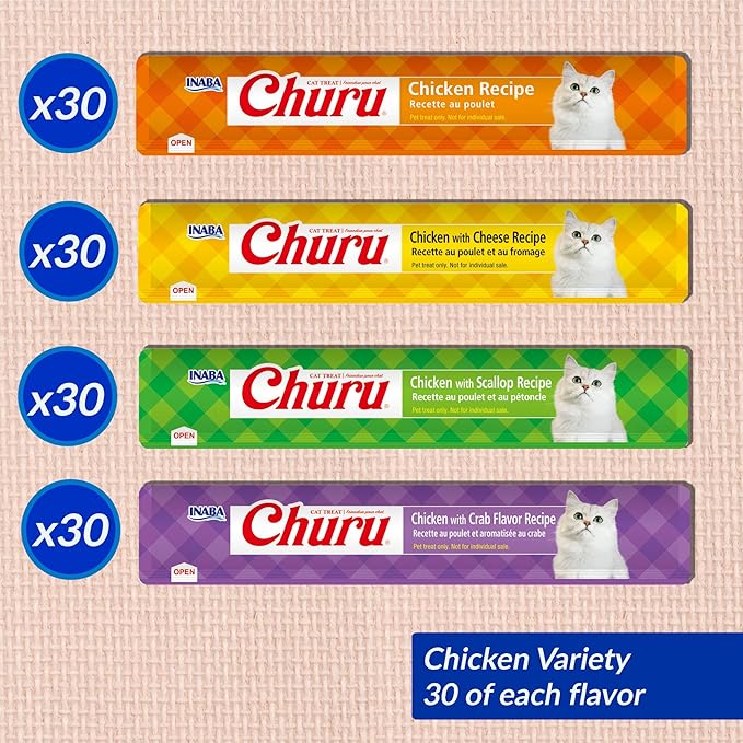 INABA Churu Cat Treats, Lickable, Squeezable Creamy Purée with Vitamin E, 0.5 Ounces per Tube, 120 Tubes Total, Chicken Variety INABA