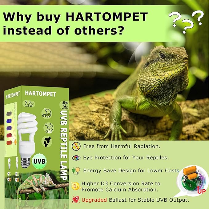 5.0 UVB Reptile Light 13W, Compact Tropical Lamp, Coil UVB Bulbs, UVA Fluorescent Bulbs for Chameleons, Lizard, Turtle, Ideal Lighting for Small Reptile Tanks,Amphibians Terrarium Habitat HARTOMPET