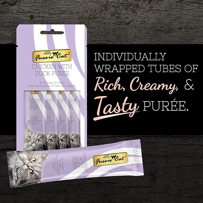 Fussie Cat Chicken with Duck Puree, lickable cat treats, 0.5oz pouch 4 Count (Pack of 1) - PAWPICO