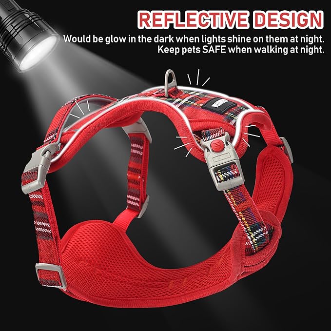 GAMUDA Dog Harness Collar and Leash Set, Dog Harness, No Chock No Pull Adjustable Vest Harnesses Plaid Reflective for Medium Dog, Cat, Small Horse, Small Bull and Pig (Red, XL) GAMUDACollarsCollection