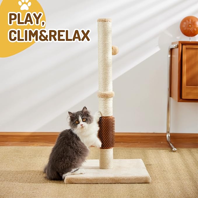 MeowHomm 32" Cat Scratching Post with Self Groomer Cat Brush, Sisal Rope Tall Cat Scratching Post with Soft Hanging Ball for Indoor Cats, Cat Claw Scratcher Covered with Soft Smooth Plush - PAWPICO