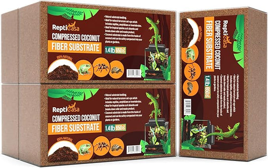 Compressed Coconut Fiber Substrate, 1.4 lb. Bricks, Natural Husk Terrarium Bedding, Reptiles, Frogs, Snakes, or Tortoise, Odor and Waste Absorbent Compostable, 5 Pack ReptiCasa