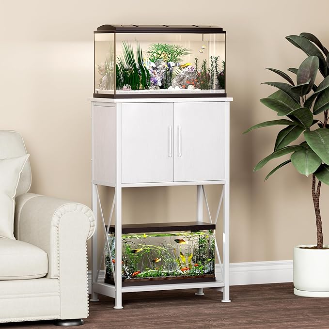 5-10 Gallon Fish Tank Stand, Metal Double Aquarium Stand with Cabinet for Fish Tank Accessories Storage, Heavy Duty 20.5" L* 11.02" W Tabletop, 500LBS Capacity White PG06YGW Herture