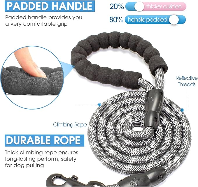 BAAPET 2/4/5/6 FT Dog Leash with Comfortable Padded Handle and Highly Reflective Threads for Small Medium and Large Dogs (5FT-1/2'', Grey) BAAPET
