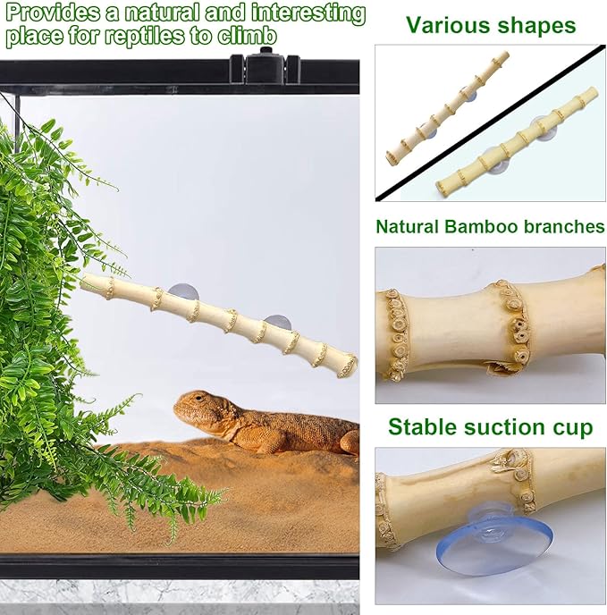 kathson Reptile Plants Hanging Plastic Fake Climbing Terrarium Plant Decor Bearded Dragons Corner Branch Habitat Decorations for Amphibian Lizards Crested Gecko Snake Hermit Crab Frogs (Bamboo) 3Pcs kathson