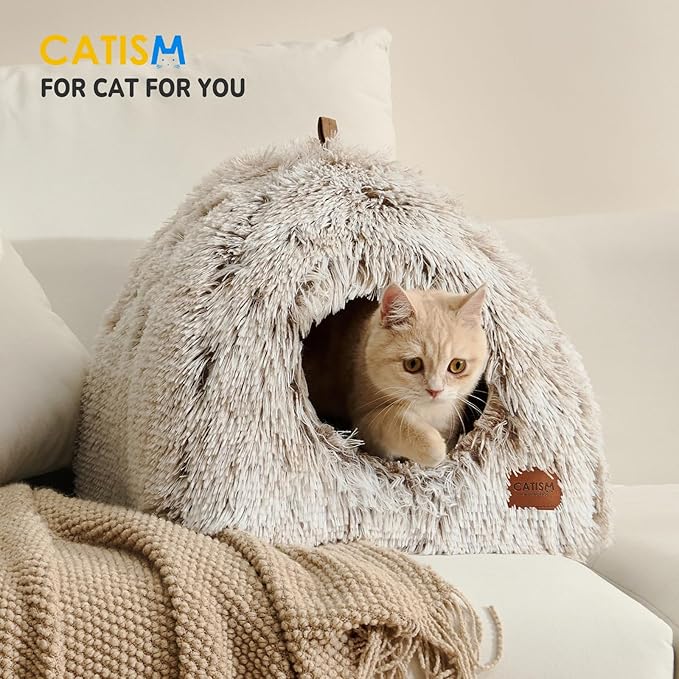 CATISM Cat Bed, Cat Cave for Indoor Cats, Soft Cat Dome, Self-Warming 2 in 1 Foldable Pet Cat House with Washable Cushioned Pillow Calming Fluffy Dog Beds for Small Dogs with Anti-Slip Bottom Brown - PAWPICO