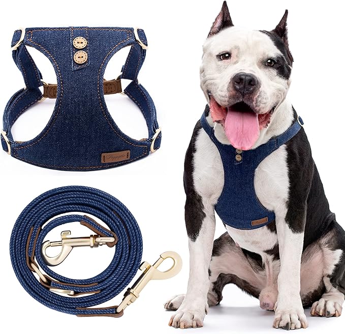 No Pull Dog Harness with Multifunction Dog Leash,Soft Adjustable No Choke Escape Proof Pet Harness Vest for Medium Dogs or Large Dogs,Denim Blue,L Puppytie