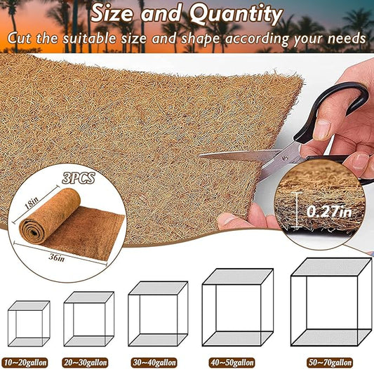 ZeeDix 3 Pieces Coconut Fiber Reptile Substrate Mat, 18 x 36 inches Natural Coco Mat Reptile Carpet Coco Fiber Liner Turtle Bedding Reptile Terrarium Liner for Lizard Snake Turtle Gecko Bearded Dragon ZeeDix