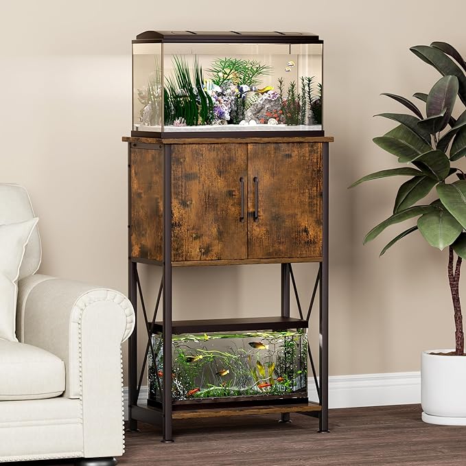 5-10 Gallon Fish Tank Stand, Metal Double Aquarium Stand with Cabinet for Fish Tank Accessories Storage, Heavy Duty 20.5" L* 11.02" W Tabletop, 500LBS Capacity Rustic Brown and Black PG06YGN Herture