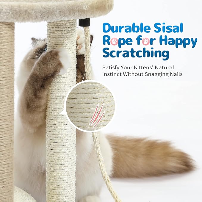 Made4Pets Cat Scratching Post,3 Cat Scratcher Posts with Soft Carpet Covered Perch,4 in 1 Kitten Toy,17" Small Cute Cat Tree Cat Tower with Hanging Ball Cat Toy, Scratching Posts for Indoor Cats - PAWPICO