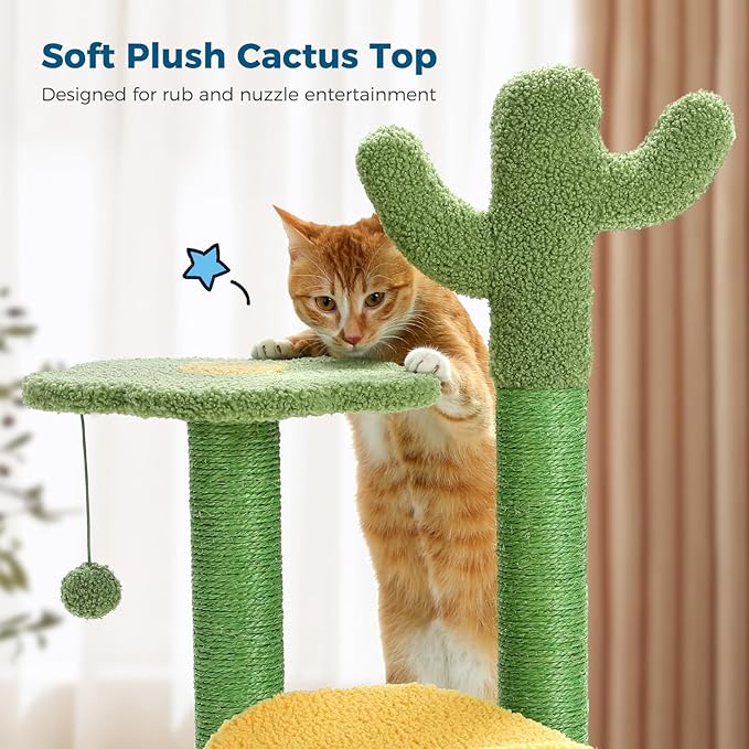 Made4Pets Cat Tree Cactus Cat Scratching Post 26” Cats Tree Tower for Indoor Cat Scratchers Kitty Tower with Flower Perch, Dangling Ball - PAWPICO