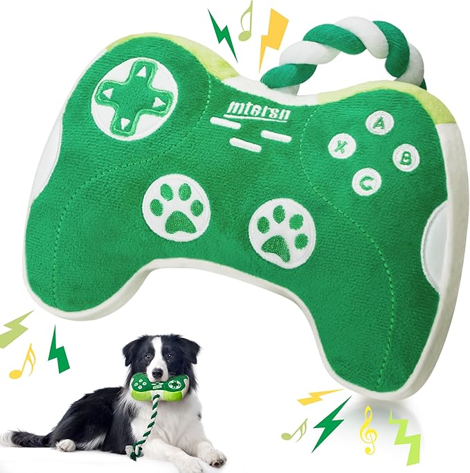 MTERSN Squeaky Dog Toys : Interactive Dog Plush Toy with Full Crinkle Paper and Cute Puppy Chew Toys with Rope - Funny Gaming Controller Shape Dog Birthday Gift (Green) - PAWPICO