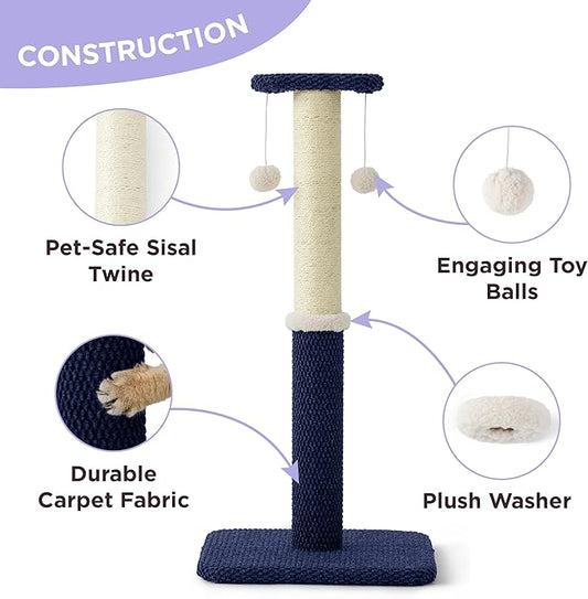 Lesure 29" Tall Cat Scratching Post - Premium Sisal Rope Highly Resistant Carpet Scratching Posts for Indoor Cats Adults, Sturdy Large Cat Scratch Pole with Hanging Ball, Blue - PAWPICO