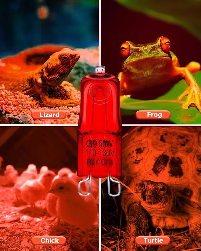 Reptile Heat Bulb, 50W Infrared Heat Lamp Bulbs for Reptiles, G9 Dimmable Red Night Light UVA Amphibians Heat Lamp, 2 Pin Base Mini Heat Bulbs, Bearded Dragon, Turtle Lizard, 4 Pack Total 200W Flaspar