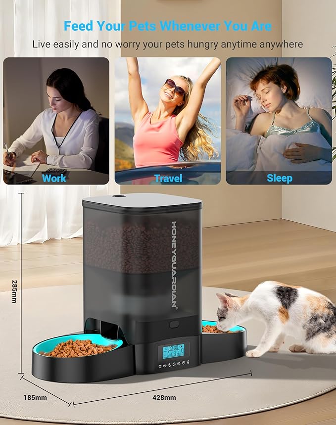 HoneyGuaridan 3.5L Automatic Cat Feeder for Two Cats, Cat Food Dispenser with Stainless Steel Bowl,Timed Cat Feeder Programmable 1-6 Meals Control, Dual Power Supply,10s Meal Call Black - PAWPICO