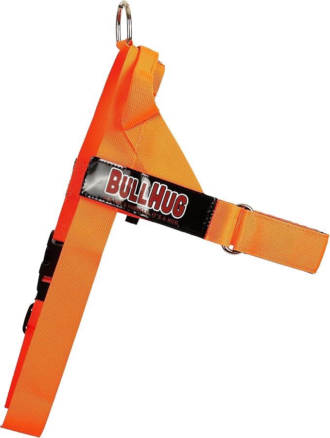 BULLHUG Harness – Made for Larger Chested Dogs Like English Bulldogs, French Bulldogs, Pugs & More. Stops Dogs from Pulling & Choking on Walks (NEON Orange, Medium) BULLHUG