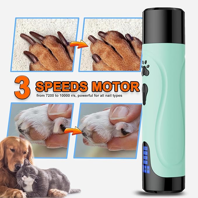 YABIFE Dog Nail Grinder, Dog Nail Trimmers and Clippers Kit, Super Quiet, Rechargeable, for Small Large Dogs & Cats Toenail & Claw Grooming,3 Speeds, 1 Extra Grinding Wheel - PAWPICO