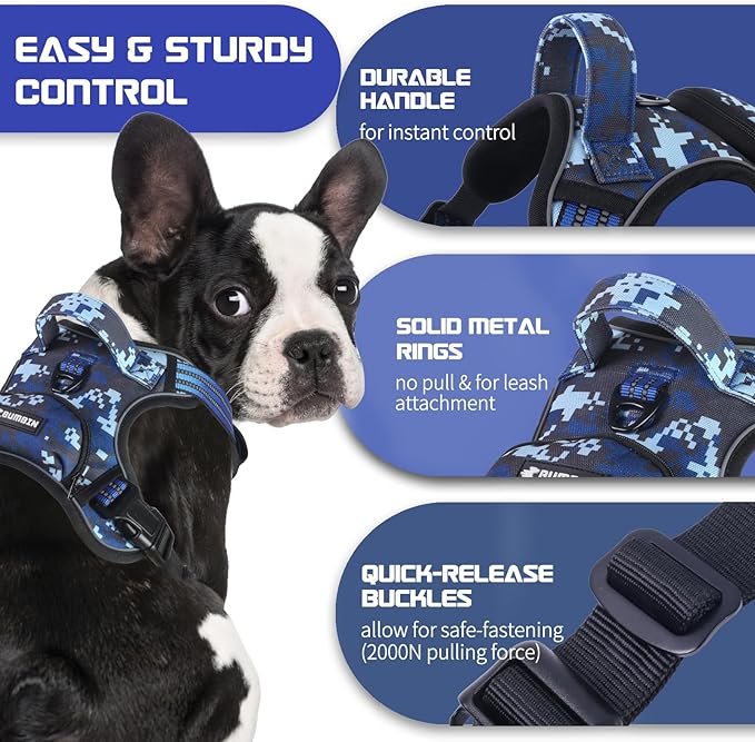 BUMBIN Dog Harness for Large Dogs, No Pull Adjustable No Choke Pet Vest with Dog Leash Fit Smart Reflective Pet Walking Harness for Training Easy Control Soft Handle Blue Camo M BUMBIN