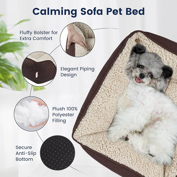 Miguel Washable Dog Bed with Removable Cushion for Small Dogs, Easy to Wash Pet Sofa Bed with Side, Rectangle Bolster Cat Bed Calming Cuddle Puppy Bed with Anti-Slip Bottom, Dark Brown 18 Inch - PAWPICO