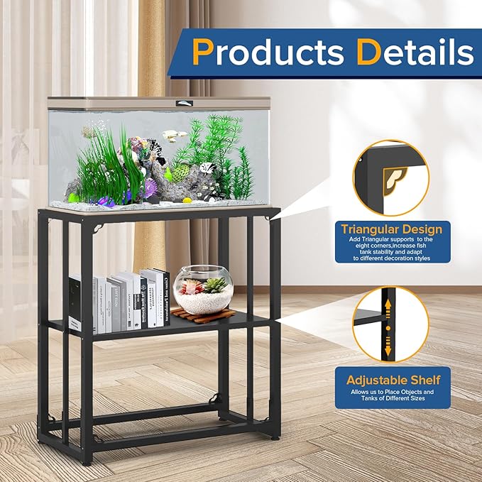 Fish Tank Stand 10-15 Gallon, Metal Aquarium Stand, 24.8" L x 9.2" W*30.1”H Double-Layer Storage Design, Suitable for Home Office Use, 660LBS Capacity,Black (Tank not Included) TOCRETOARE
