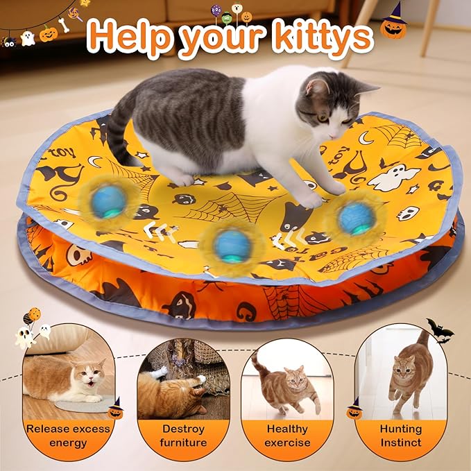 Interactive Cat Toys Ball Fast Rolling in Pouch, Motion Activate Chirping Cat Toy Hide and Seek Mouse Catching Game (Halloween Party) - PAWPICO