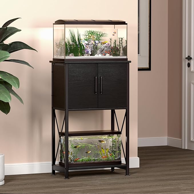 5-10 Gallon Fish Tank Stand, Metal Double Aquarium Stand with Cabinet for Fish Tank Accessories Storage, Heavy Duty 20.5" L* 11.02" W Tabletop, 500LBS Capacity Black PG06YGB Herture