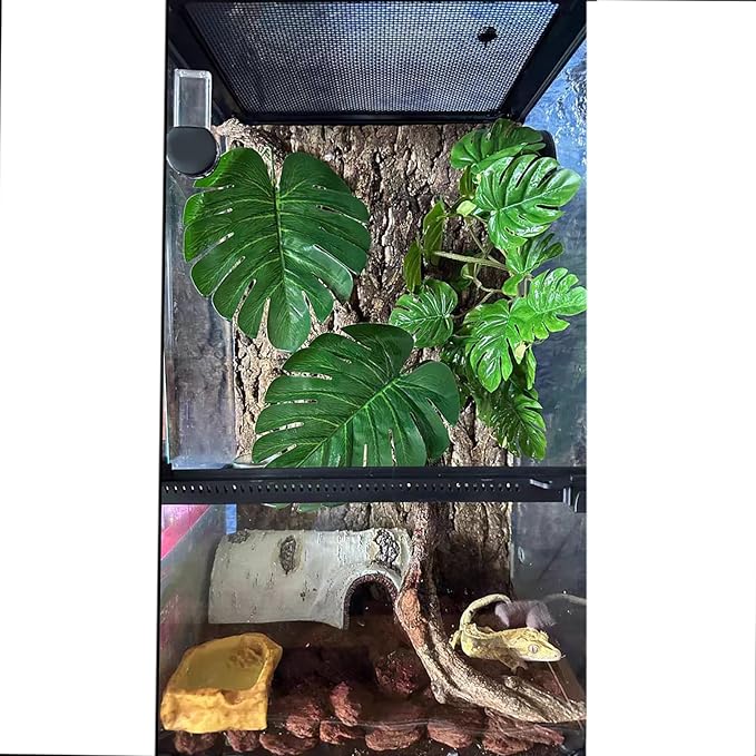 Woyrise Reptile Plants for Terrarium, Artificial Hanging Plants with Suction Cups, Amphibian Tank Habitat Decor Plastic Plant for Bearded Dragons Lizards Snake Geckos Frogs - 2Pack Fake Monstera Woyrise