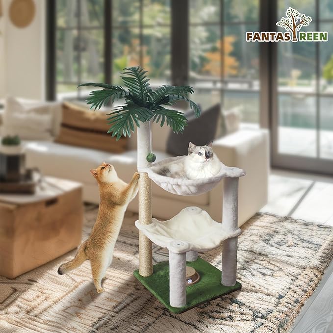 Cat Scratching Post 30 Inches Small Cat Tree Tower with Two Cat Hammock, Double Cat Hammock with Cat Toy Wooden Interactive, Cat Condo for Kitten and Adults Cat - PAWPICO