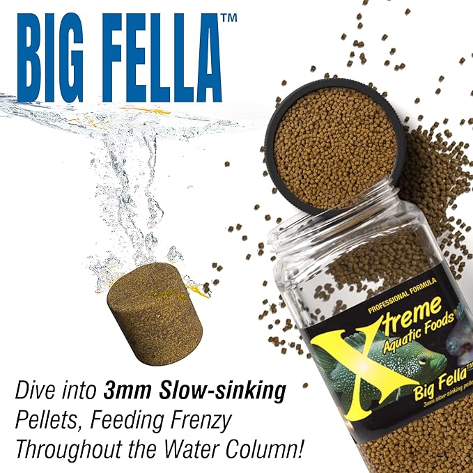 Xtreme Big Fella 3.0mm Pellets: Professional Nutrition for Medium to Large Cichlid/Community Fish - Boost Immune & Digestive Health, Color & Energy, Max Protein Fish Food – USA Farm Grown (20oz) XtremeAquaticFoods