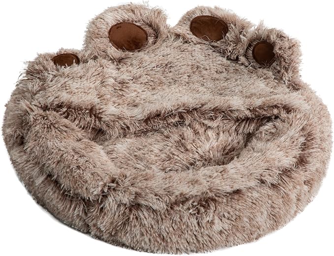 Cat Bed with Cover Cave - Dog Cave Bed with Standing Paws,Covered Round Kitten Bed with Hooded Blank - PAWPICO