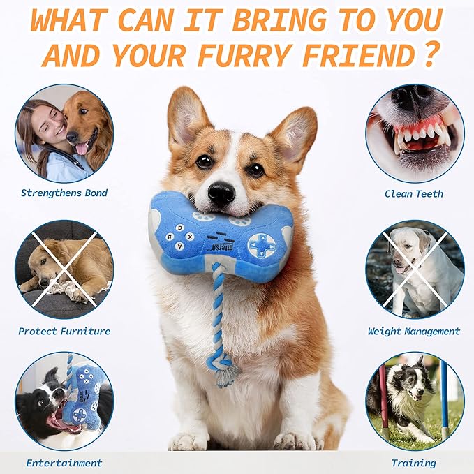 MTERSN Cute Squeaky Dog Toys : Blue Game Controller Plush Dog Toy and Funny Puppy Chew Toys with Full Crinkle Paper - Cool Dog Birthday Toys for Small, Medium and Large Dogs - PAWPICO